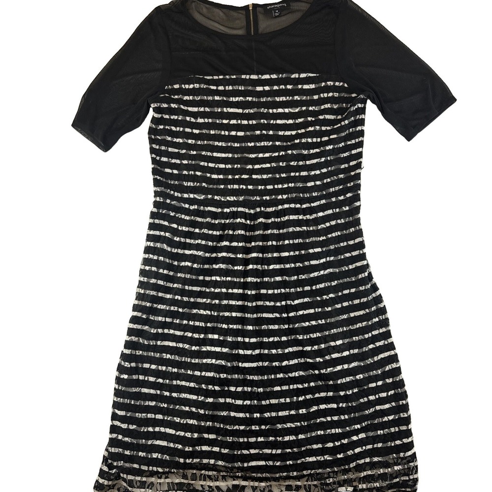 Sharagano Black White Stripped Dress Size 18 Knee Length Sheer Shoulders
